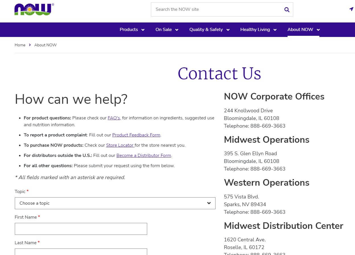 now foods contact us page