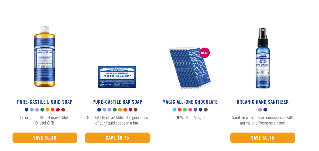 shop page on dr bronner's website