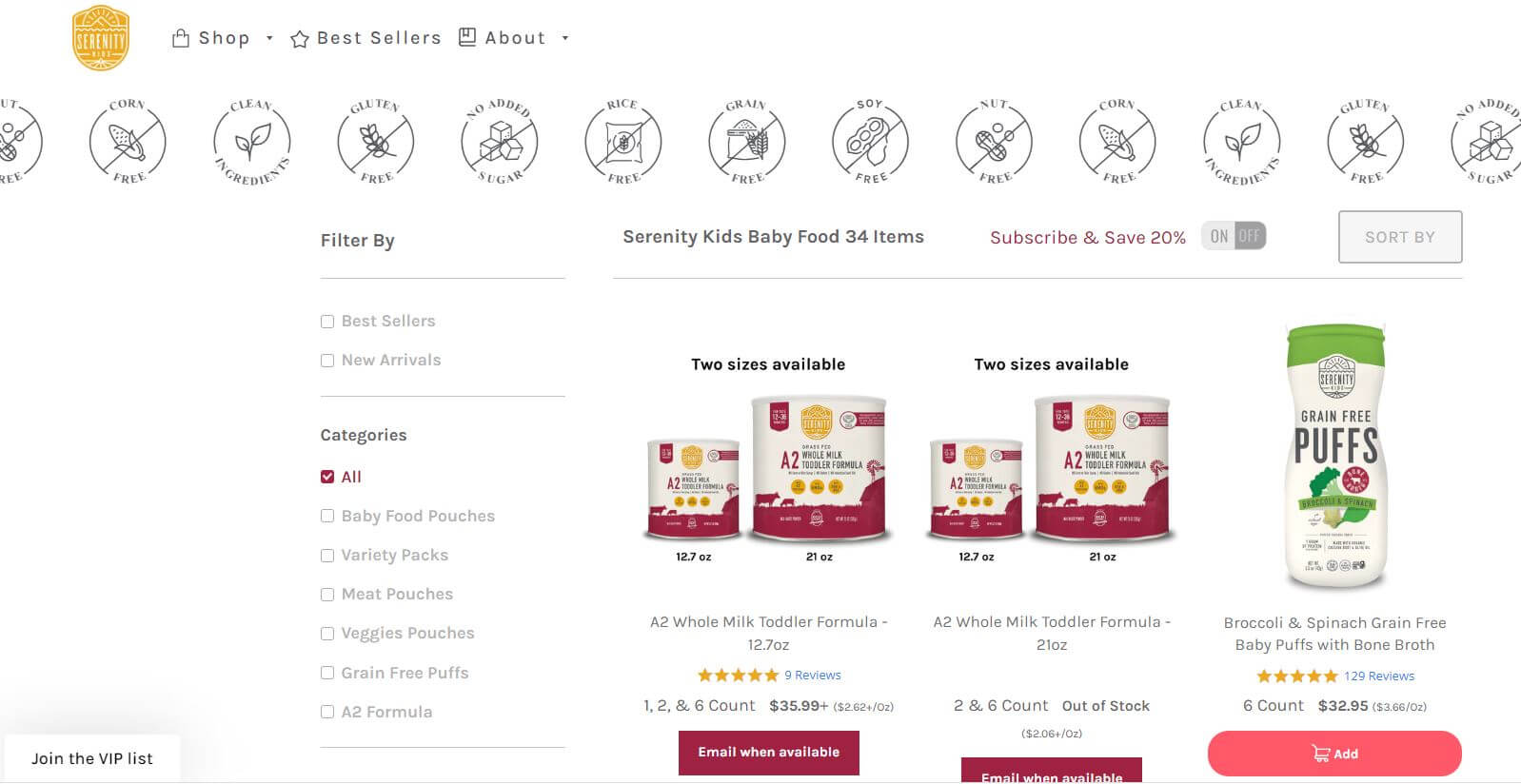 serenity kids shop page