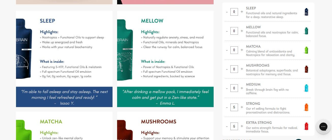 TruBrain website which allows you to view and shop all 7 of their drinks before customizing your order of 10-60 drinks and adding to cart, all without ever leaving the page.