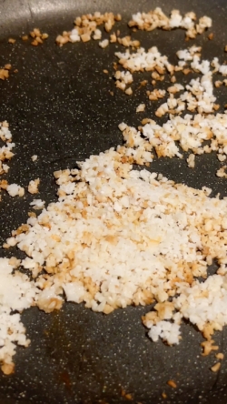 Add the set aside coconut to a nonstick skillet over medium heat and stir for a few minutes until the coconut is lightly browned.