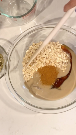 Combine all of the ingredients (except the seeds) in a large bowl until oats are coated.