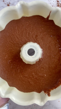 Pour batter into a previously greased cake pan. You can use either 2 round 9 inch pans or one 13x9 inch pan