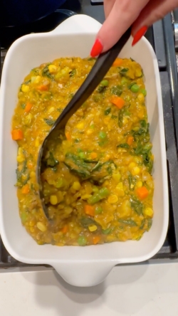 Once veggies are soft, transfer to an oven-safe dish (we used 13” X 8”) . We don't recommend using smaller than this because your mixture will likely overflow. You could go larger and have a more shallow pie. Alternatively, you could make individual pot pies in oven-safe ramekins - so cute!