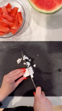 Cut feta cheese into small crumbles, add to bowl
