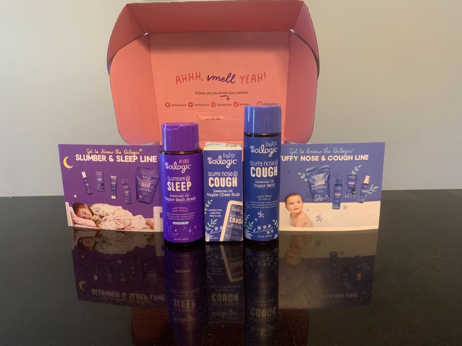 Our team received and tested the following products from Oilogic:Oilogic Kids Slumber & Sleep Vapor Bath SoakOilogic Baby Stuffy Nose & Cough Vapor BathOilogic Baby Stuffy Nose & Cough Vapor Chest Rub