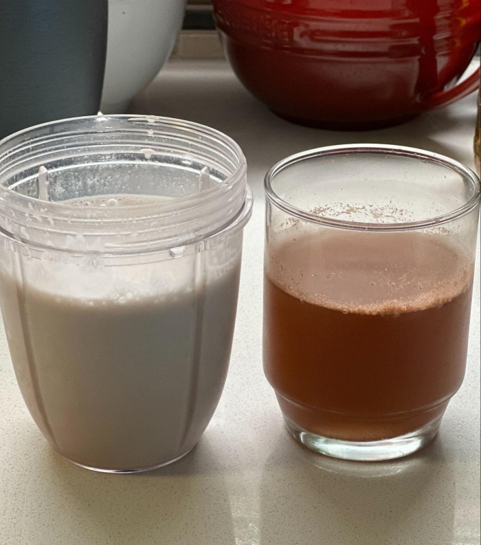 Rowdy chocolate collagen blended with almond milk or mixed with water