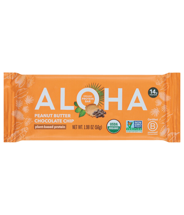 A single Aloha Peanut Butter Chocolate Chip bar with a white background