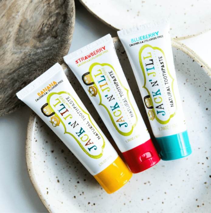 banana, strawberry, and blueberry jack n jill kids toothpaste flavors