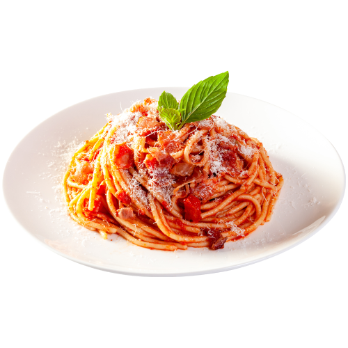 A plate of high-fiber veggie spaghetti adorned with tomatoes, parmesan cheese, and a basil leaf