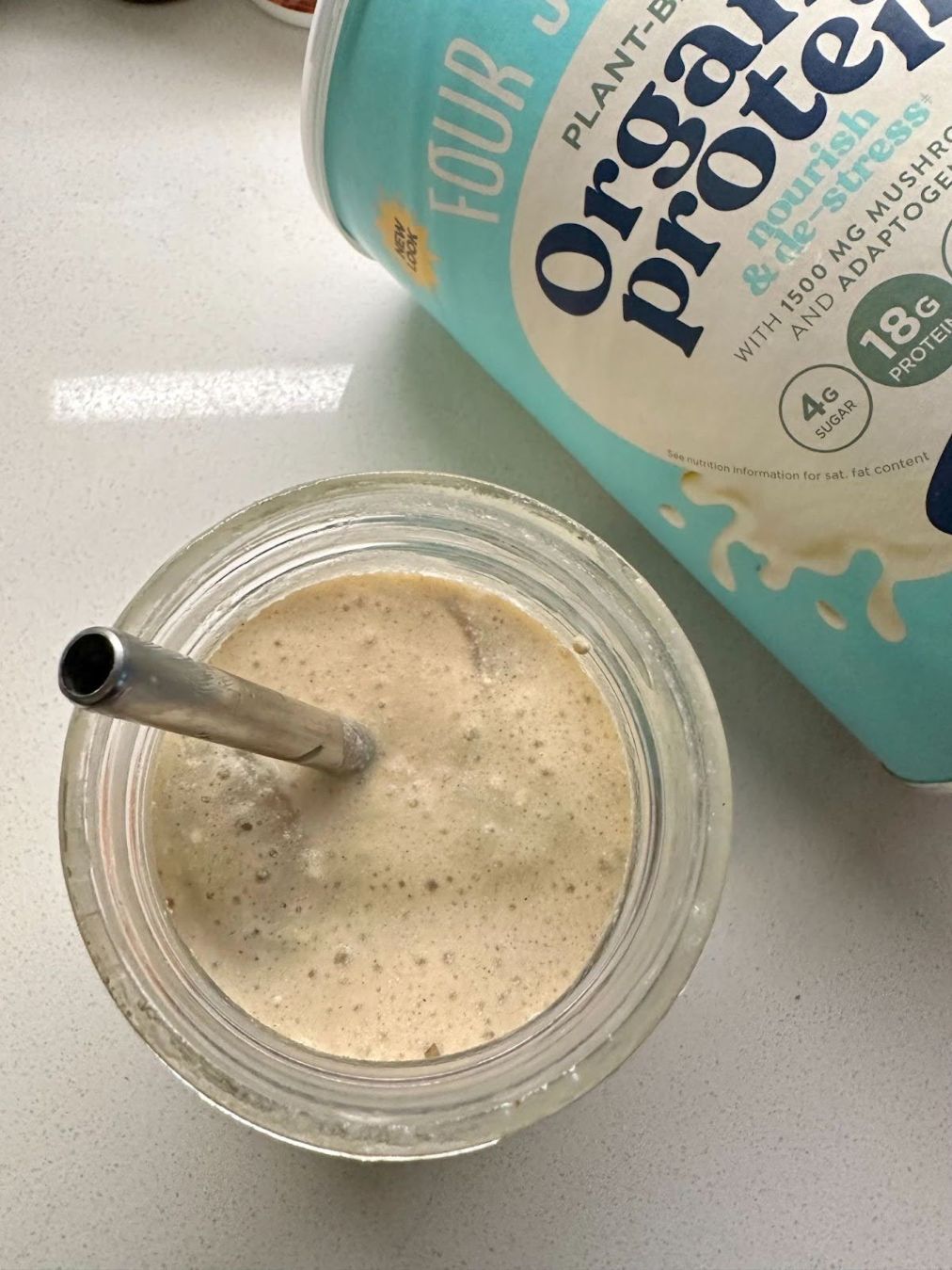 Vanilla protein powder shaken with almond milk 