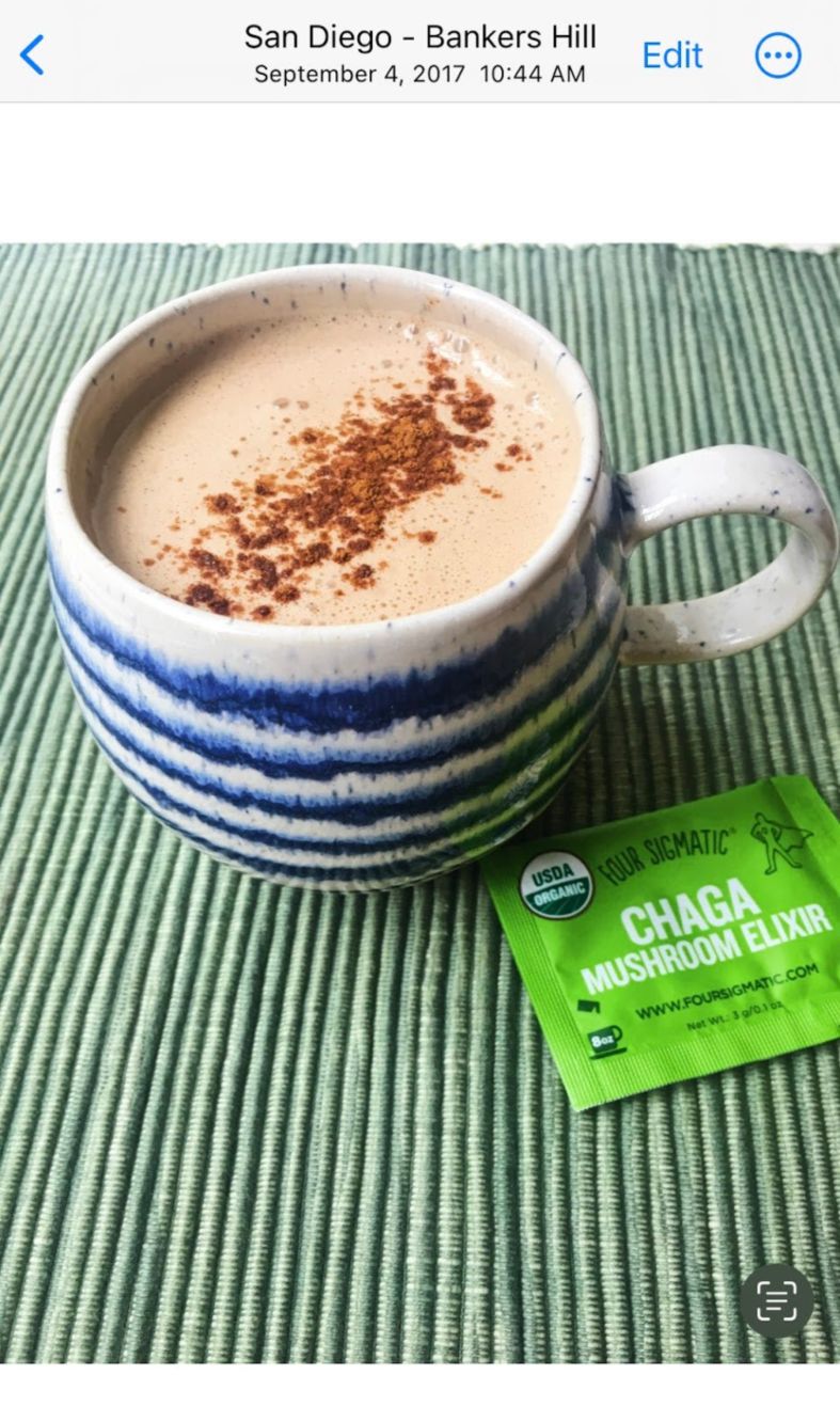   A 2017 homemade chagaccino with OG Four Sigmatic branding. 