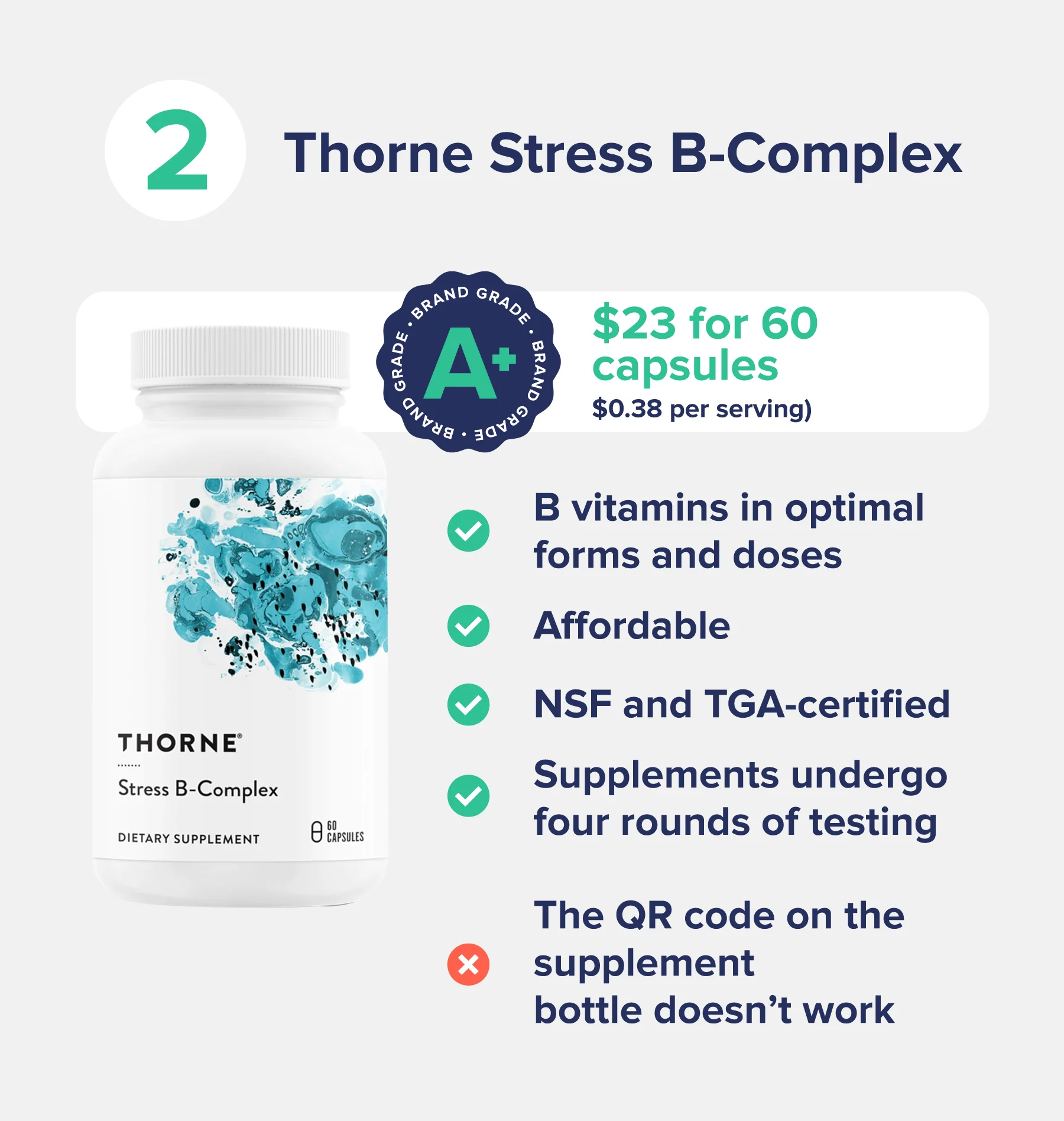 Image of Thorne Stress B-Complex with list of pros and cons