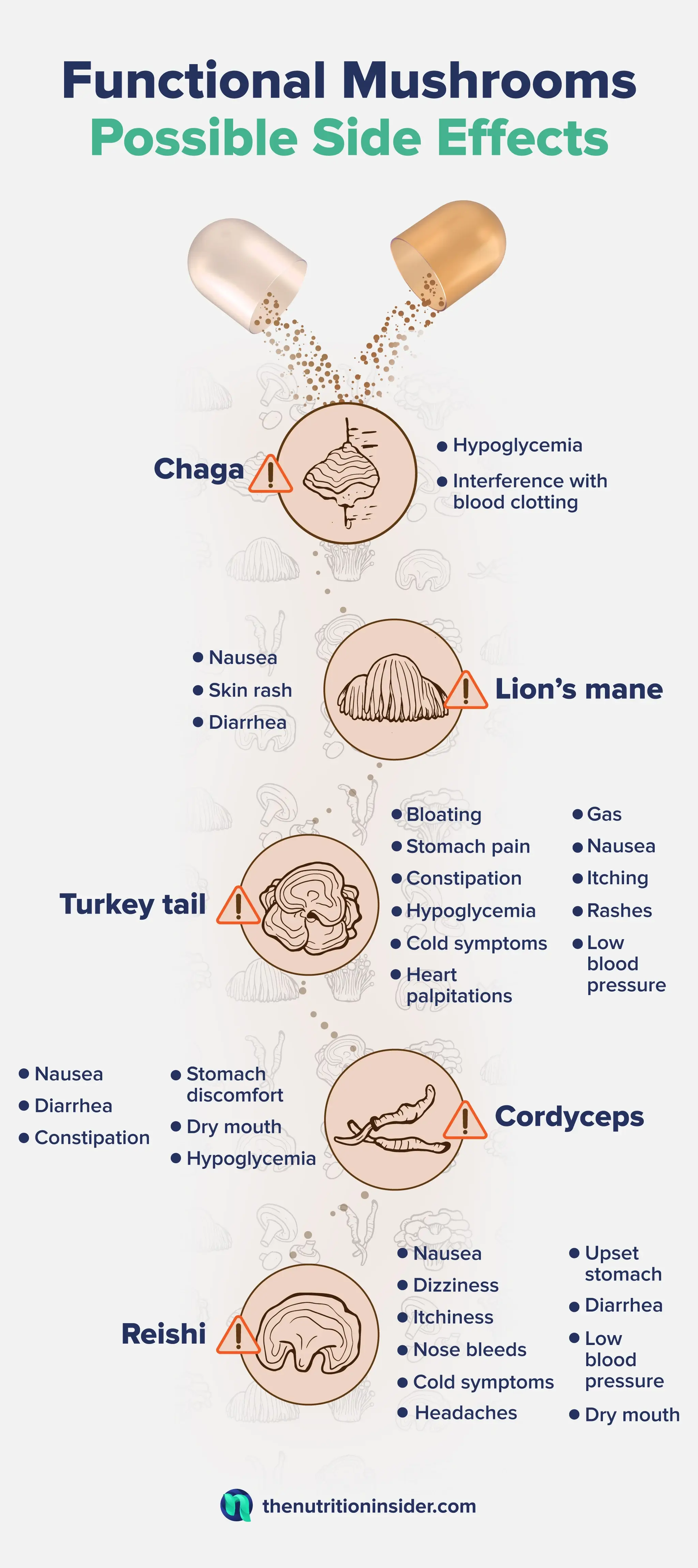A list of functional mushroom side effects and precautions. 