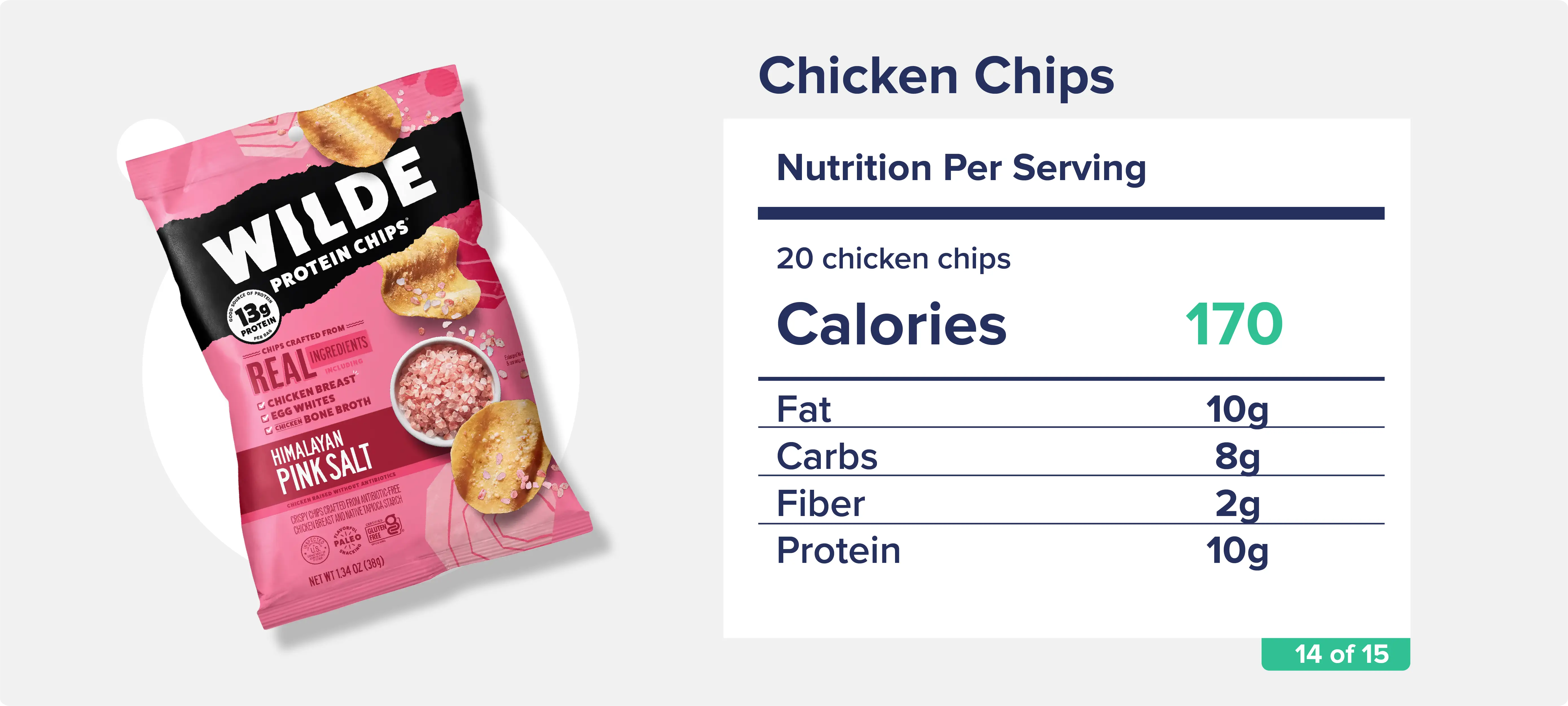 Chicken Chips20 chicken chips (WILDE brand): 170 calories, 10g fat, 8g carbs, 2g fiber, 10g protein