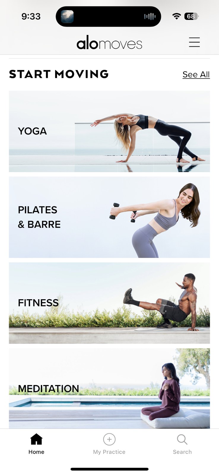 Screenshot of the class types offered on the Alo Classes yoga app.