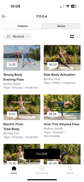 Second screenshot of the class types offered on the Alo Classes yoga app.