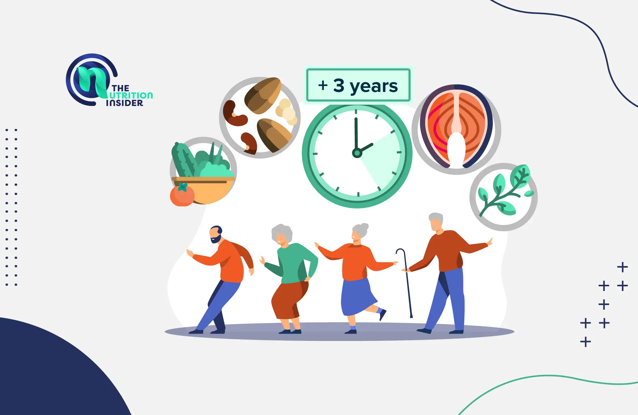 graphic with images of elderly people and icons of different healthy foods such as veggies, nuts, and salmon.