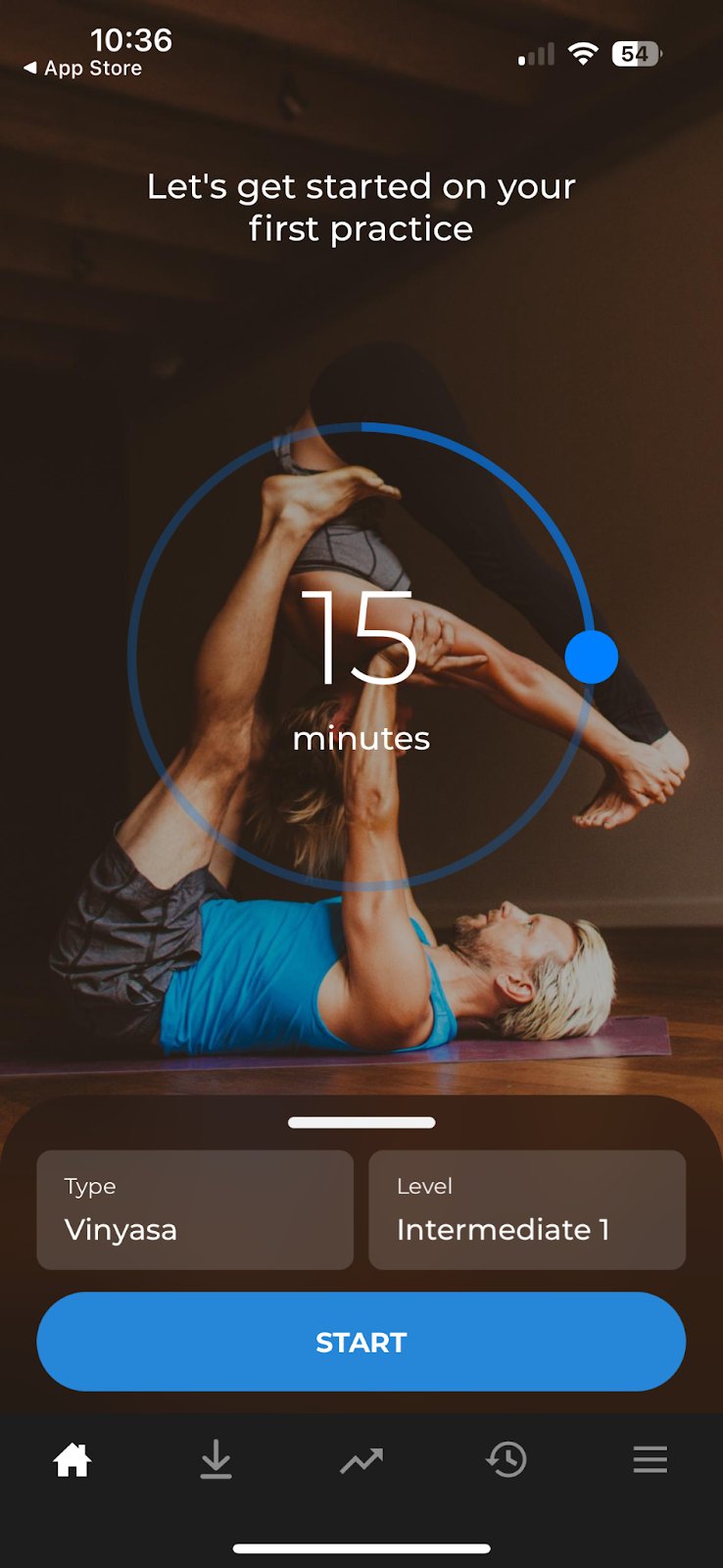 Screenshot of a class to practice on the Down Dog yoga app. 