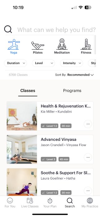 Screenshot of the classes offered on the Glo yoga app.