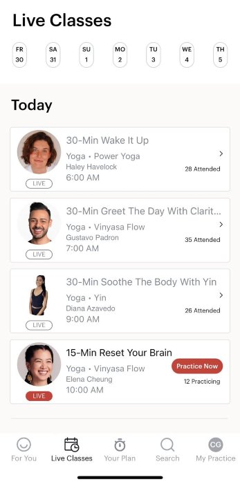 Screenshot of list of live available on the Glo yoga app. 
