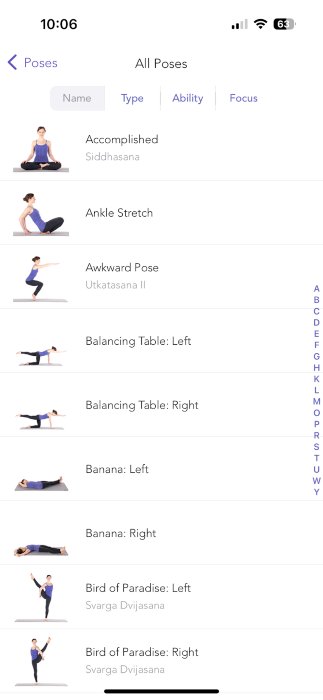 Screenshot of yoga poses to practice on the Yoga Studios yoga app.