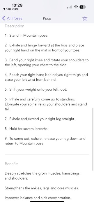 Screenshot of pose instruction available to practice on the yoga Studio yoga app.