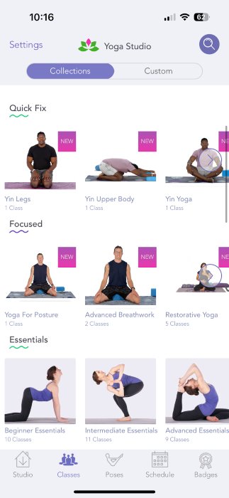 Screenshot of classes offered on the Yoga Studio yoga app.