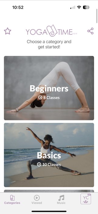 Screenshot of classes available on the YogaTime yoga app.