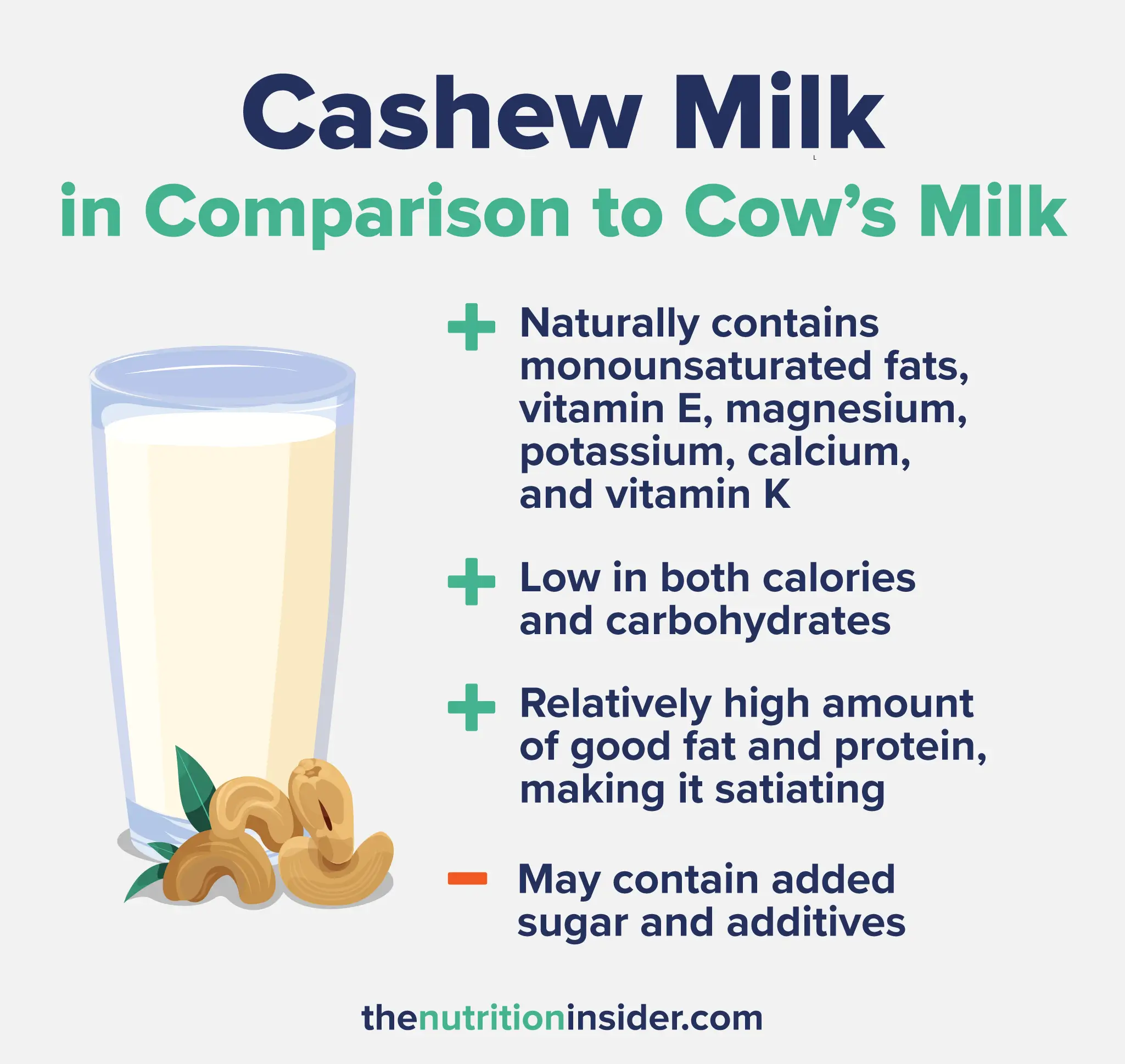 infographic explaining the pros and cons of Cashew Milk in Comparison to Cow's Milk